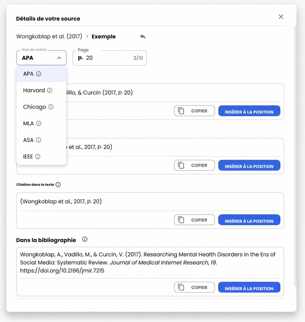 Recherche Bibliographique Avec Ia 12 Aperçu des styles de citation et des options de copie et d’insertion des références.