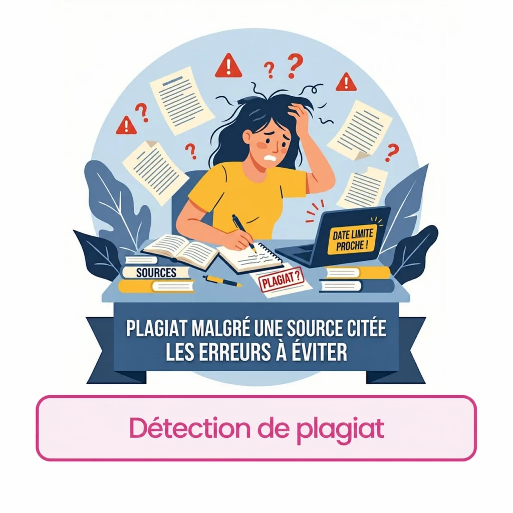 Une étudiante examine ses références pour éviter un plagiat malgré une source citée