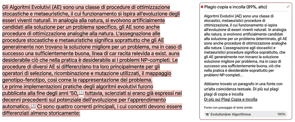 Screenshot di Mimir Mentor: plagio copia e incolla