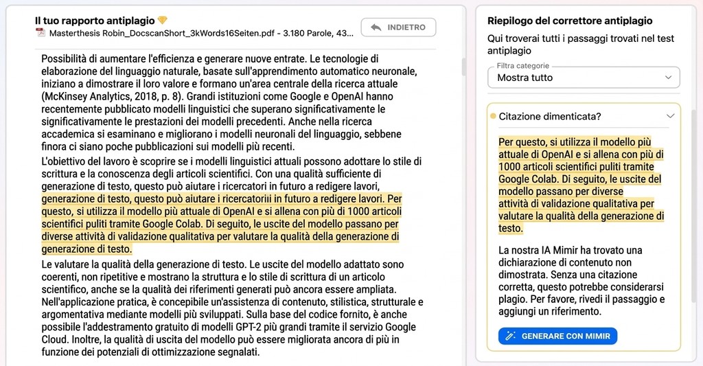 Mimir evidenzia nel report le affermazioni senza fonte e mostra accanto la ricerca bibliografica adatta