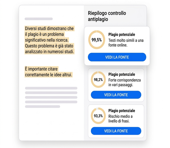 Vista del controllo antiplagio con tre segnalazioni di possibile plagio e corrispondenze del 99,5 %, 98,2 % e 93,3 %.