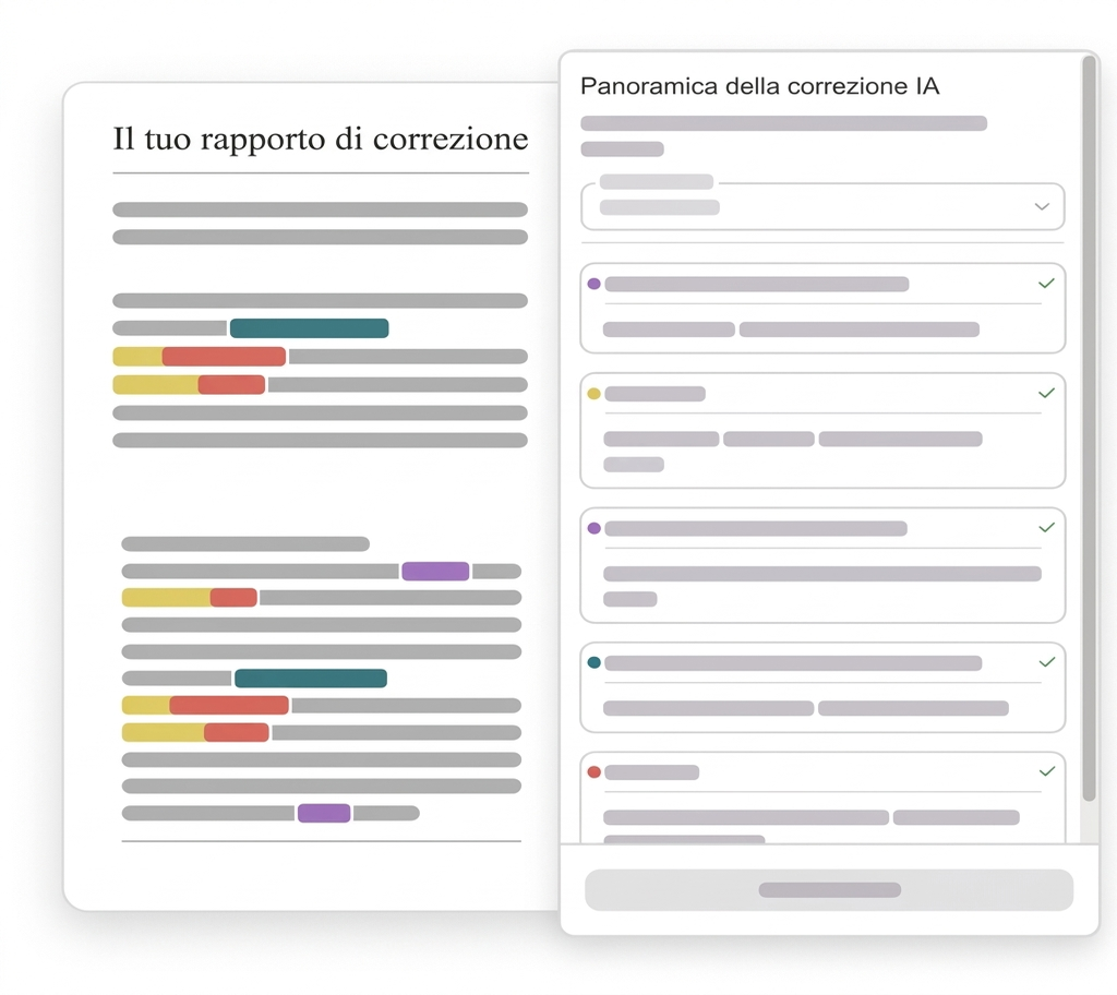 Correttore Grammaticale E Ortografico 14 Report di correzione con passaggi evidenziati e riepilogo della correzione con IA.