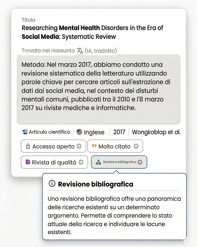 Ricerca Bibliografica Con Ia 11 Dettagli di una fonte con abstract tradotto e dati bibliografici.