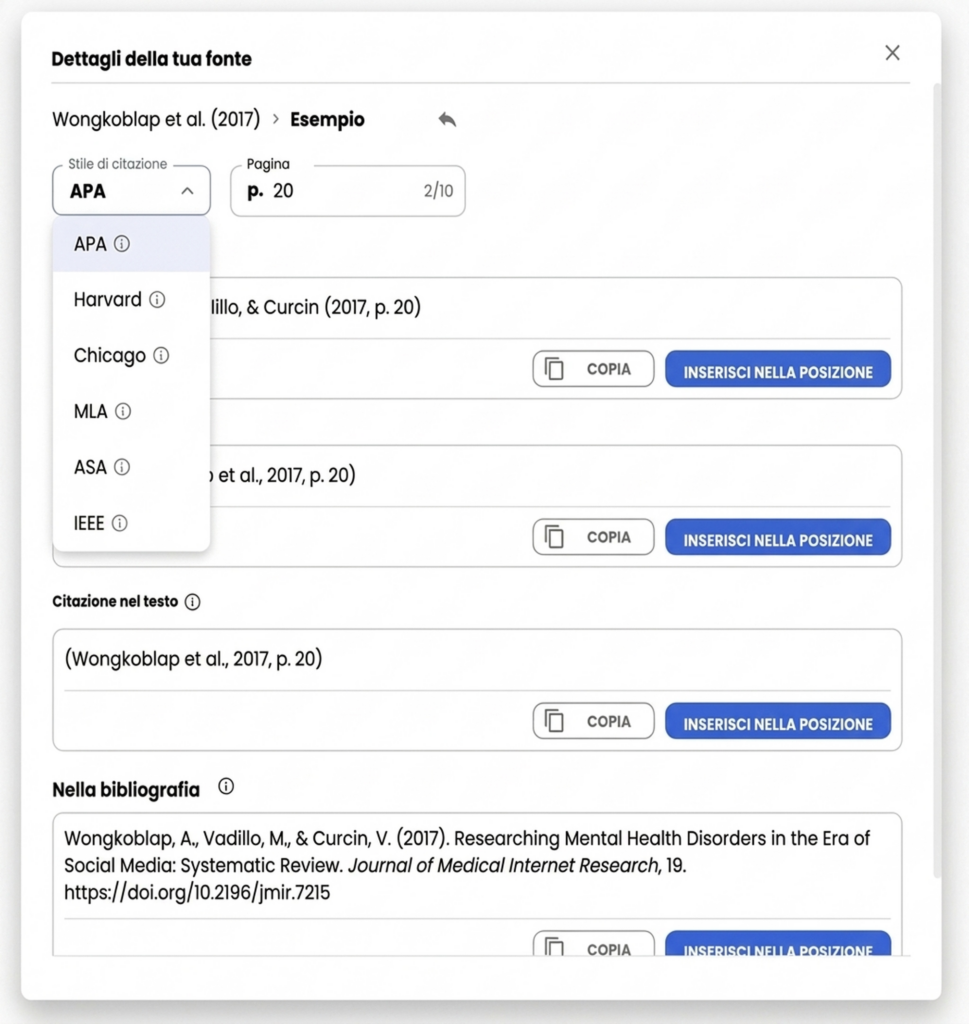 Ricerca Bibliografica Con Ia 12 Stili di citazione con opzioni per copiare e inserire i riferimenti.