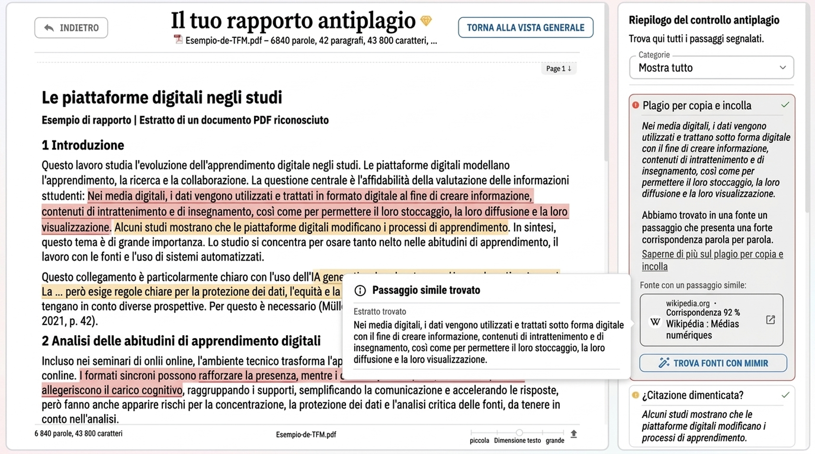 Anteprima illustrativa di un report antiplagio di Mimir Mentor
