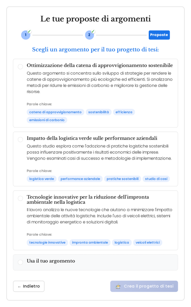 Proposte di argomenti generate per la logistica sostenibile nel generatore di argomenti per la tesi triennale di Mimir