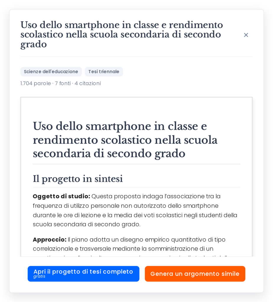 Anteprima di un esempio di progetto di tesi magistrale con numero di parole, fonti e citazioni