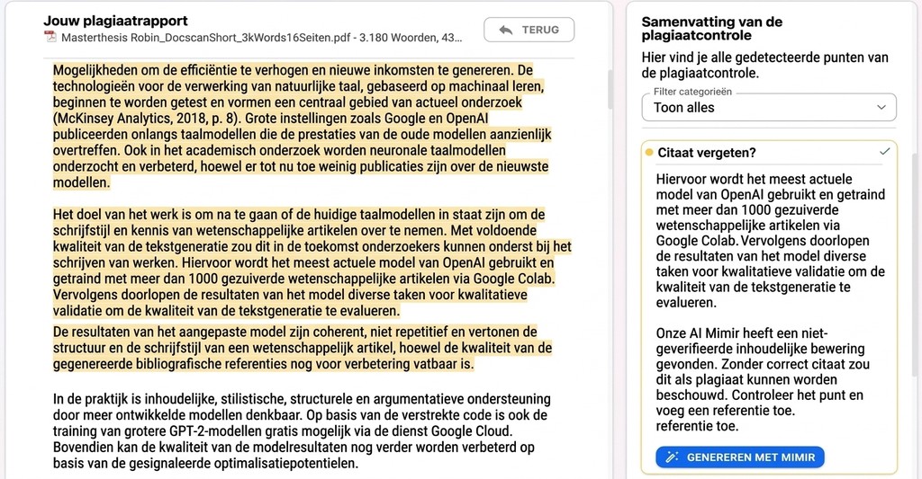 Mimir Mentor markeert met AI ook beweringen zonder bron in je tekst en stelt passende bronnen voor