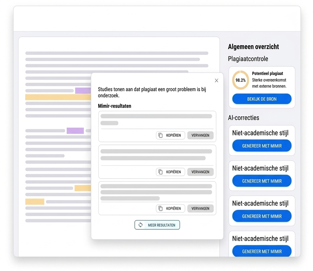 Plagiaatchecker 16 Interface van de plagiaatcontrole met een overeenkomst van 98,2 %, correcties van niet academische stijl en knoppen om te kopiëren en te vervangen.