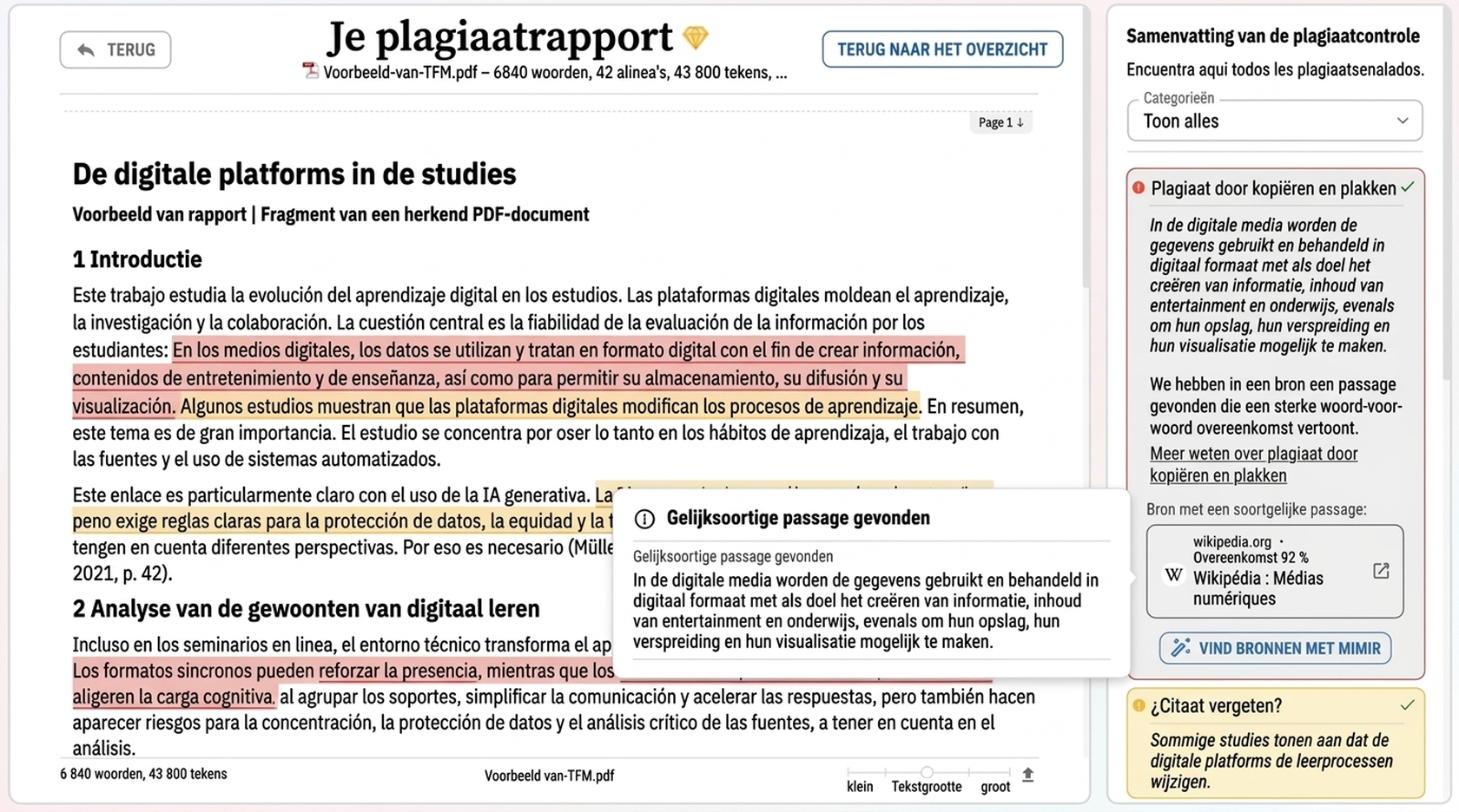 Plagiaatchecker 5 Illustratieve preview van een plagiaatrapport van Mimir Mentor