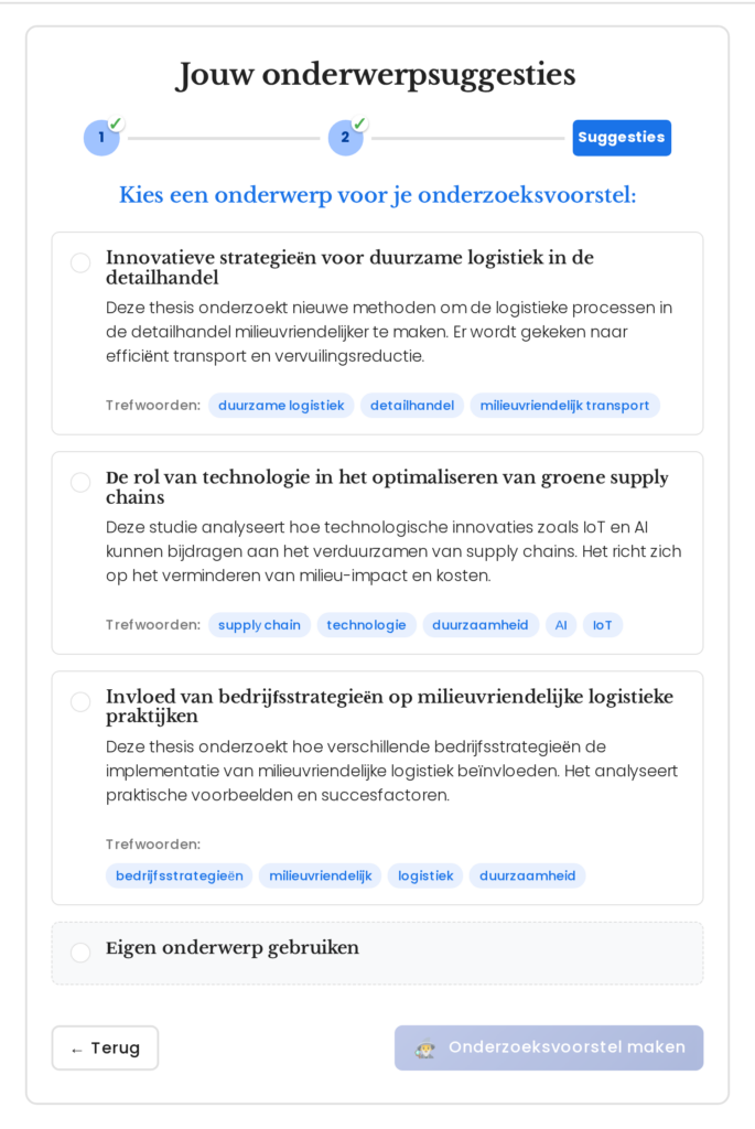 Gegenereerde onderwerpvoorstellen over duurzame logistiek in de scriptieonderwerp generator van Mimir