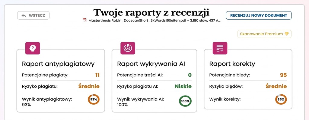 Podsumowanie raportu Mimir z oznaczeniami AI i trafieniami plagiatu