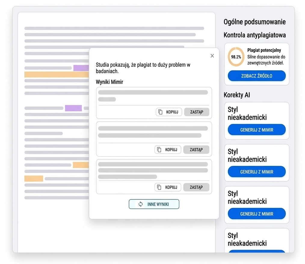Interfejs kontroli antyplagiatowej ze zgodnością 98,2 %, poprawkami nieakademickiego stylu i przyciskami do kopiowania i zastępowania.