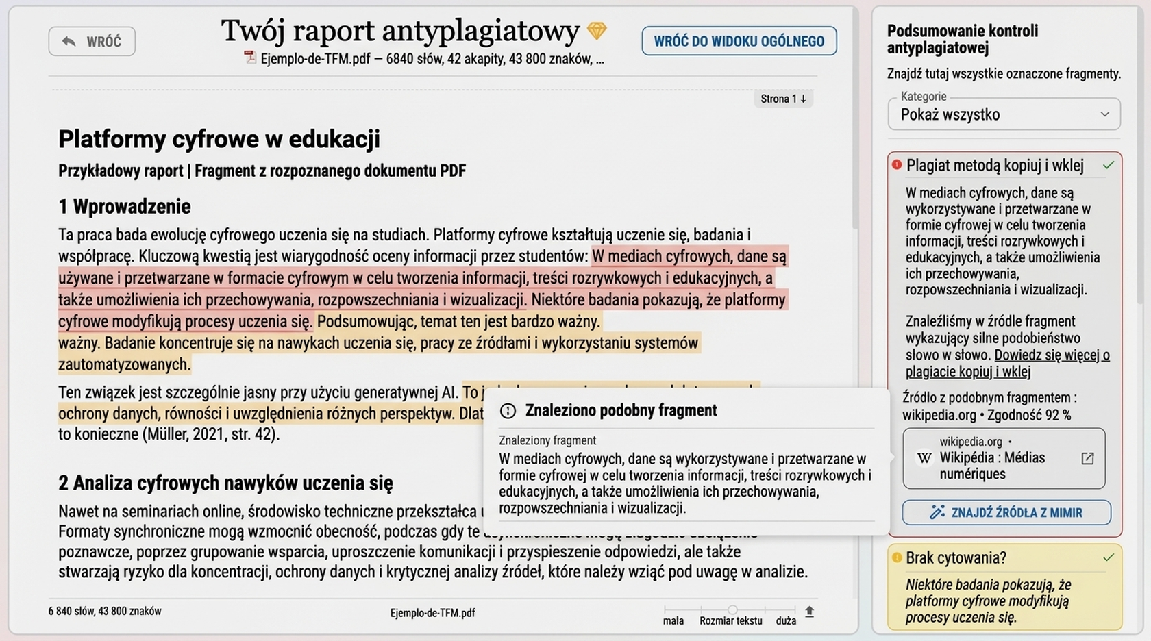 Poglądowy podgląd raportu antyplagiatowego Mimir Mentor