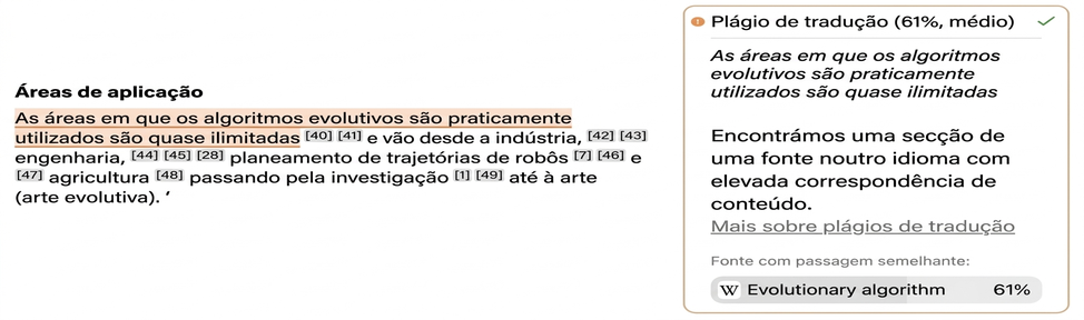 Captura de ecrã do Mimir Mentor: plágio por tradução