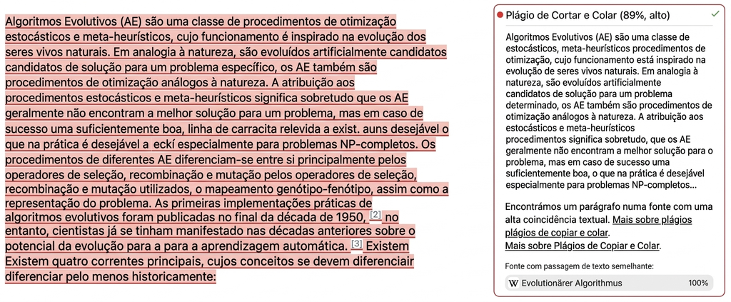 Captura de ecrã do Mimir Mentor: plágio literal