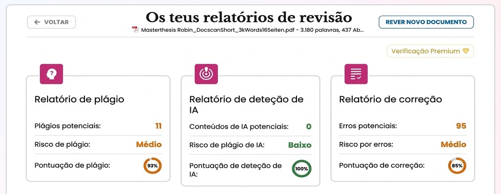 Visão geral do relatório do Mimir com marcações de IA e correspondências de plágio