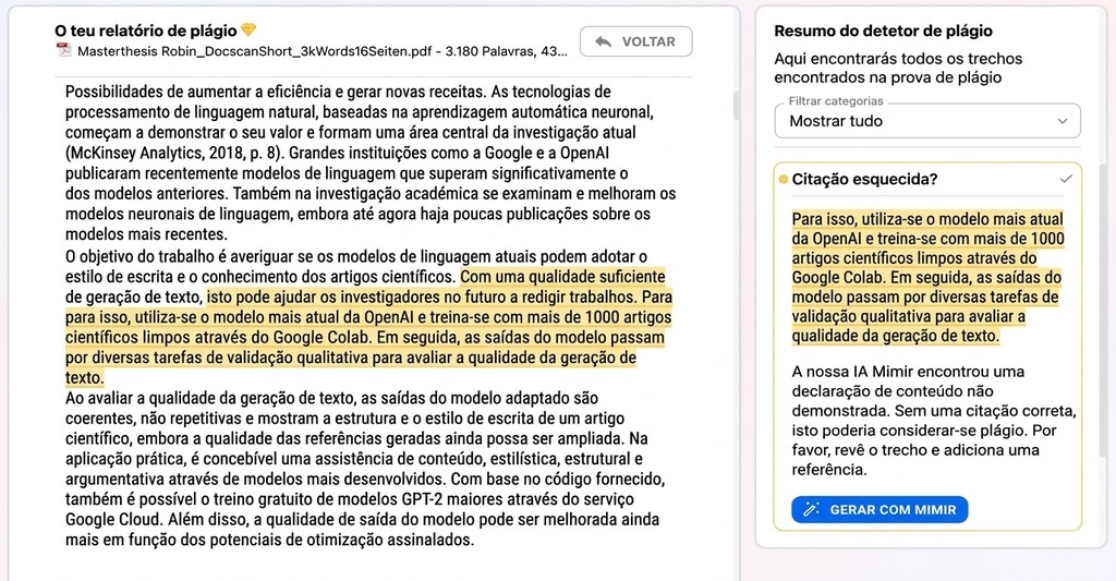 Afirmações Sem Fonte: Porque É Que A Falta De Referências É Um Problema Nos Trabalhos 1 O Mimir assinala afirmações sem fonte no relatório e mostra ao lado a pesquisa bibliográfica adequada