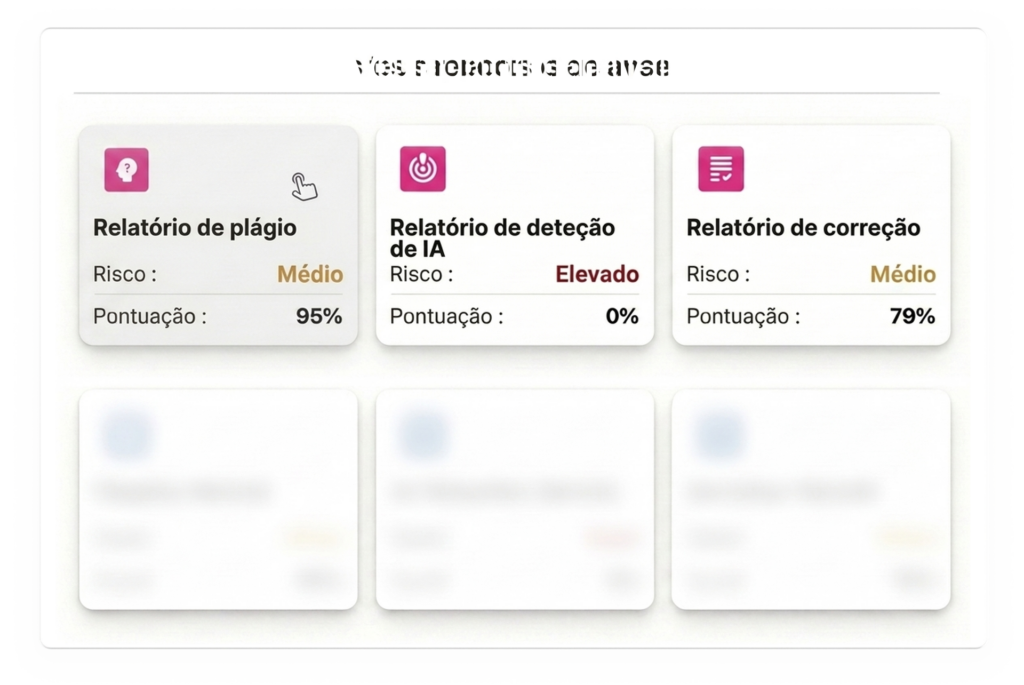 Detetor De Plágio 15 Ilustração dos relatórios de plágio, deteção de IA e correção com pontuações de 95 %, 0 % e 79 %.
