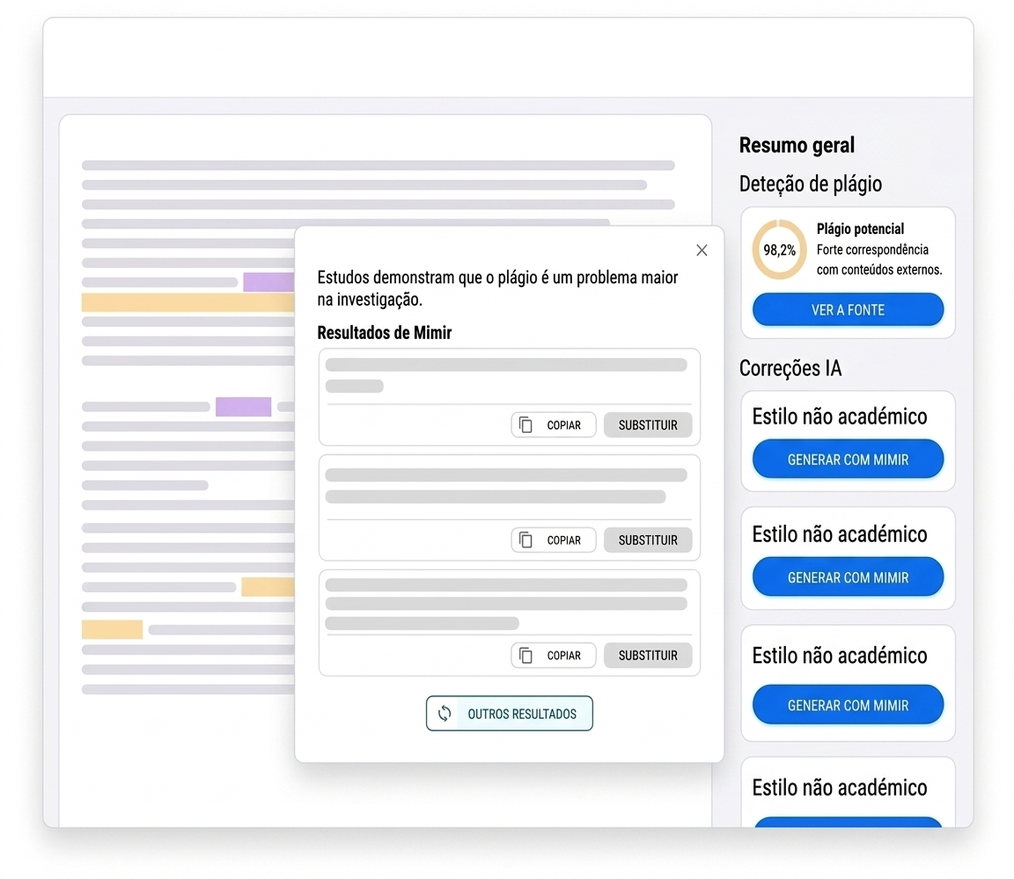 Detetor De Plágio 16 Interface da verificação de plágio com uma correspondência de 98,2 %, correções de estilo não académico e botões para copiar e substituir.