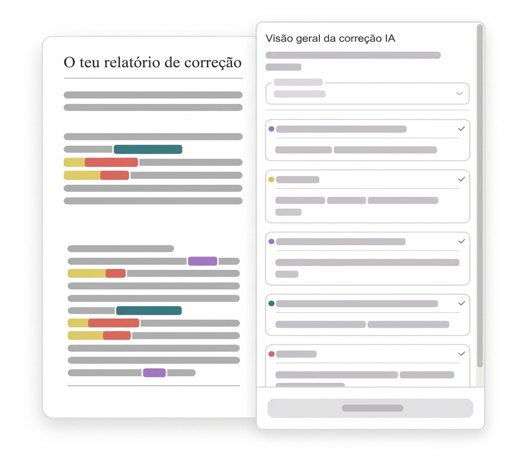 Relatório de correção com passagens destacadas e resumo da correção com IA.