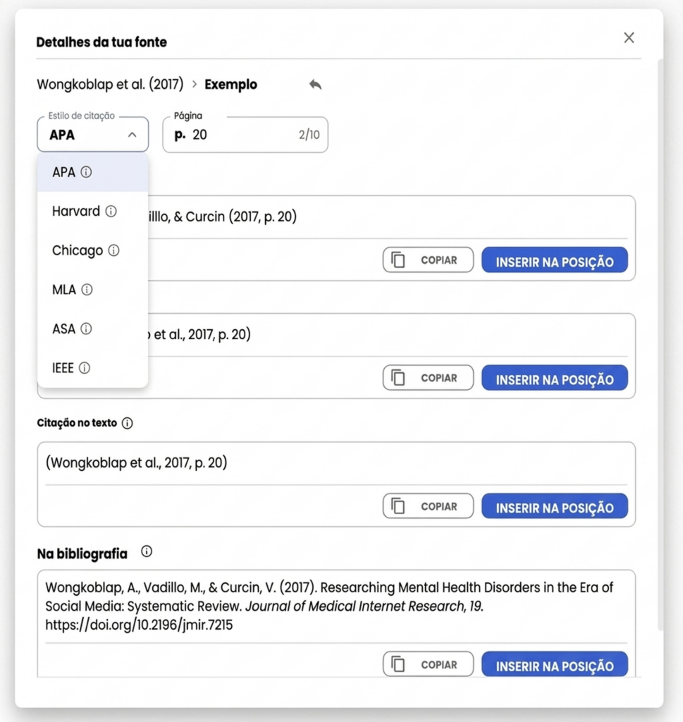 Estilos de citação com opções para copiar e inserir referências.