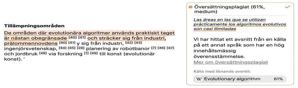 Skärmbild från Mimir Mentor: översättningsplagiat