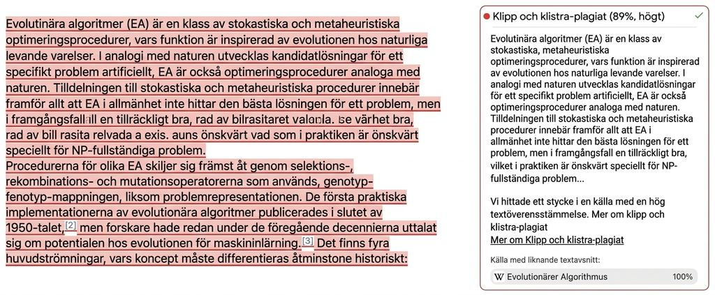 Skärmbild från Mimir Mentor: copy-paste-plagiat