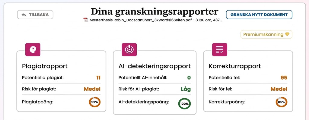 Översikt över Mimirs rapport med AI-markeringar och plagiatträffar