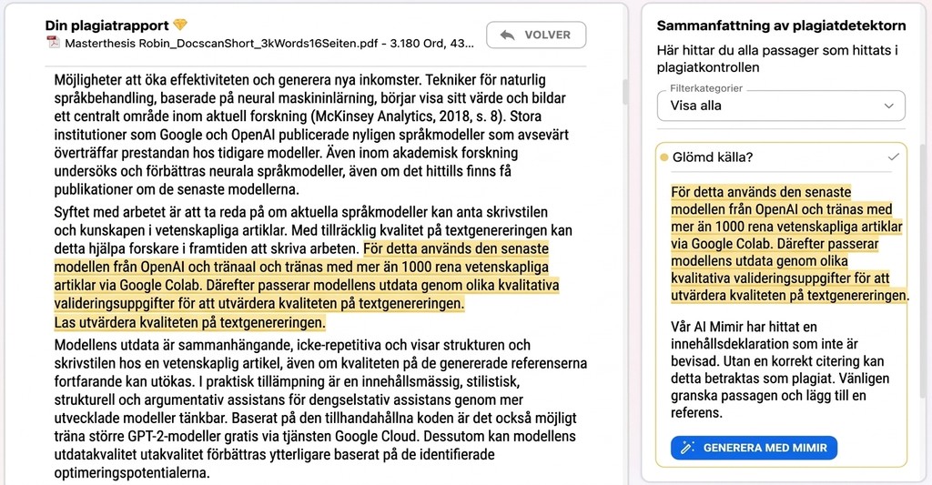 Mimir markerar obelagda påståenden i rapporten och visar passande litteratursökning bredvid