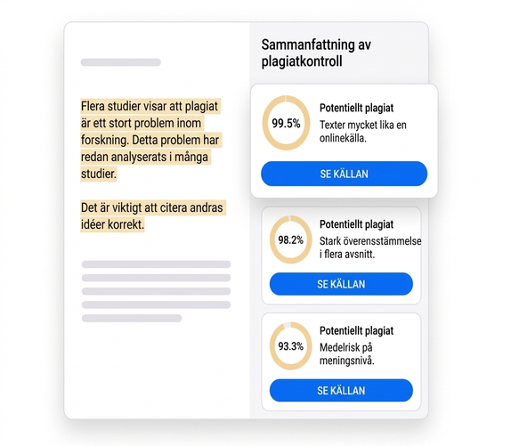 Plagiatkontroll 14 Vy av plagiatkontrollen med tre varningar om möjligt plagiat och överensstämmelser på 99,5 %, 98,2 % och 93,3 %.