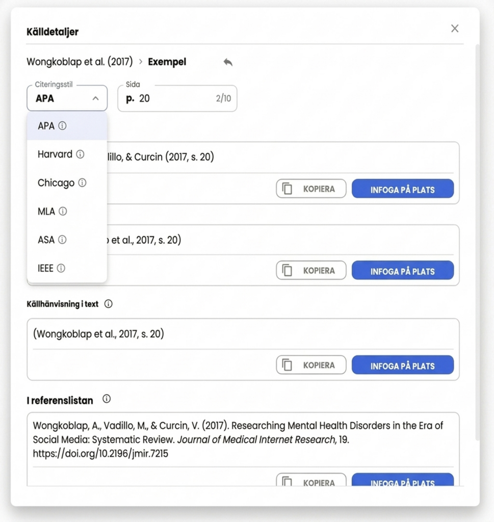 Referensstilar med alternativ för att kopiera och infoga referenser.