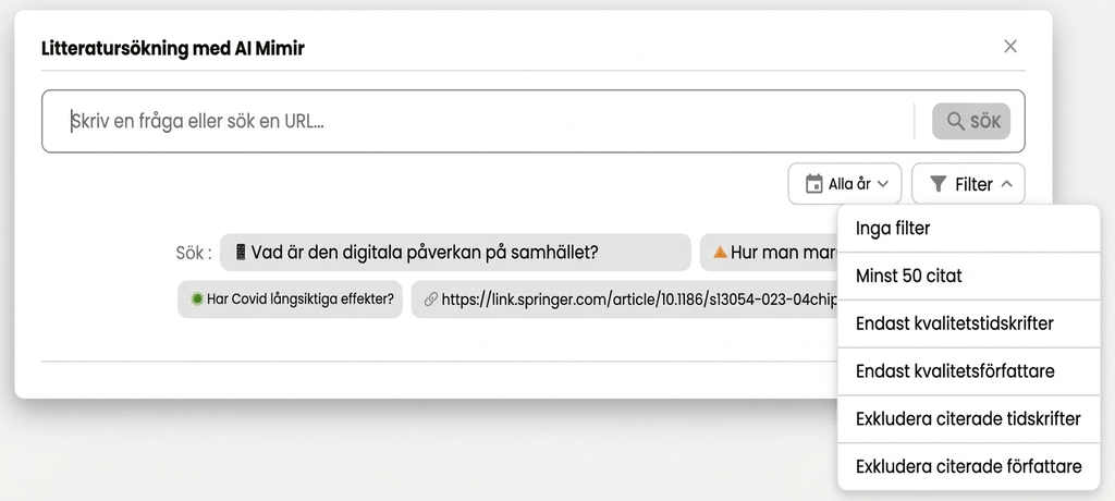 Litteratursökning med AI: fråga, filter och förslag.