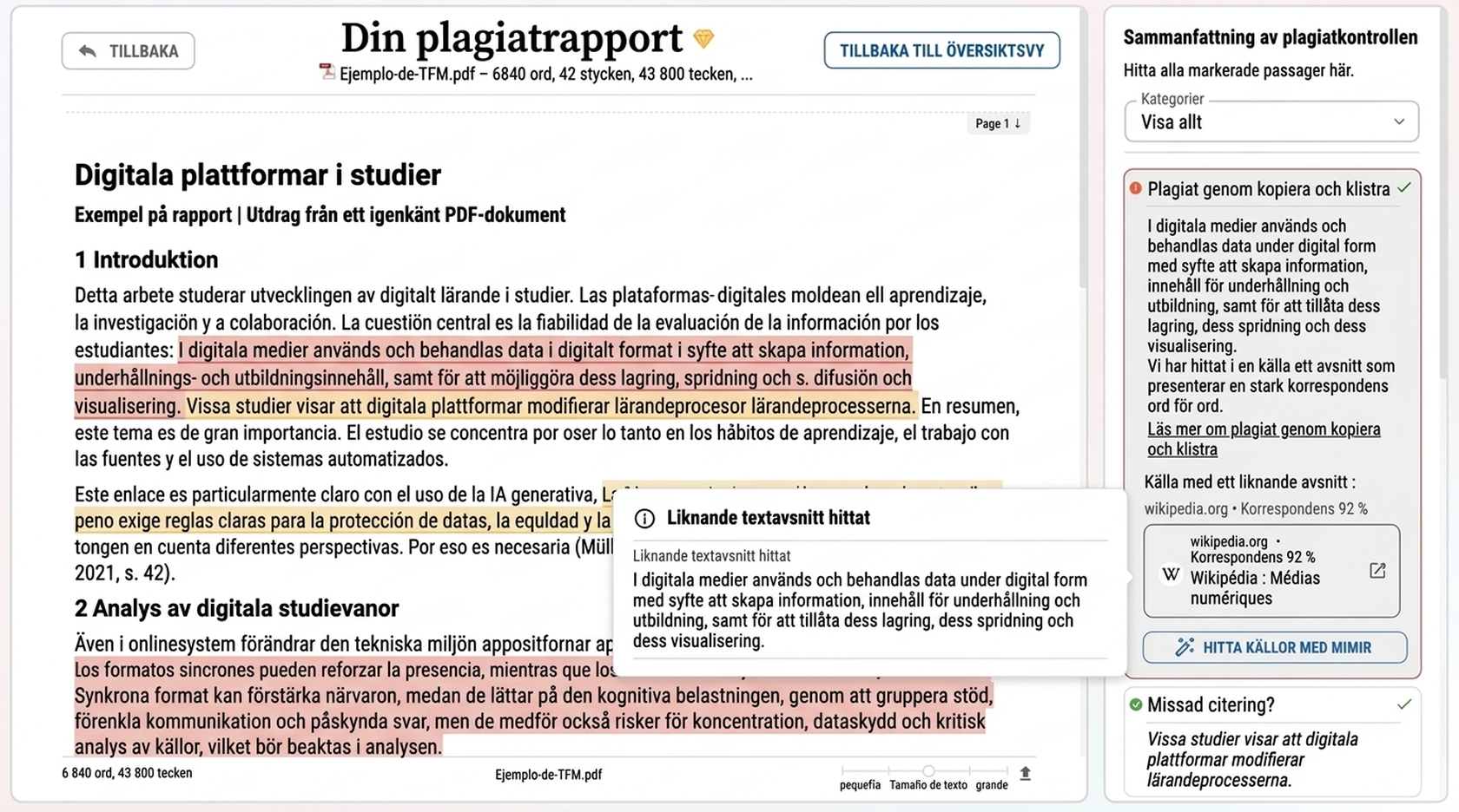 Plagiatkontroll 5 Illustrerad förhandsvisning av en plagiatrapport från Mimir Mentor