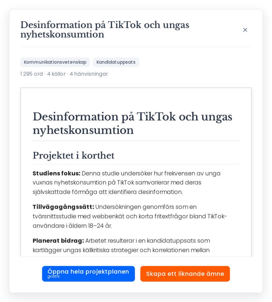 Exempel På Uppsatsämnen 5 Förhandsvisning av ett exempel på en projektplan för en masteruppsats med antal ord, källor och citat