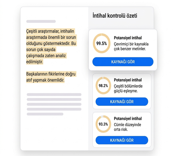 İntihal Programı 14 Üç olası intihal uyarısı ve ,5, ,2 ve ,3 eşleşme içeren intihal kontrolü görünümü.
