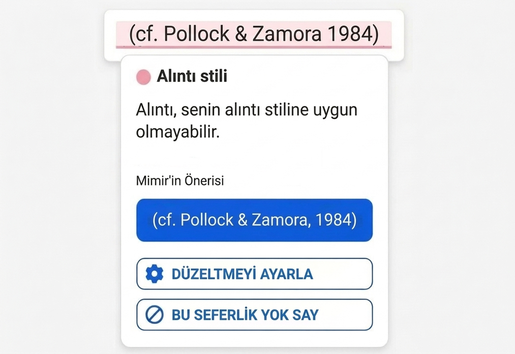 Yapay Zekâ Destekli Metin Düzeltme 11 Mimir Mentor'de atıf stili önerisi.
