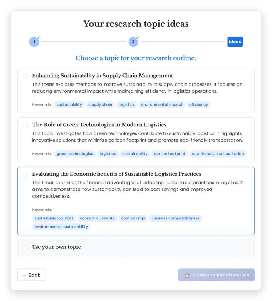 Research Topic Examples 4 Generated research topic ideas for "sustainability in logistics" in the Mimir topic finder