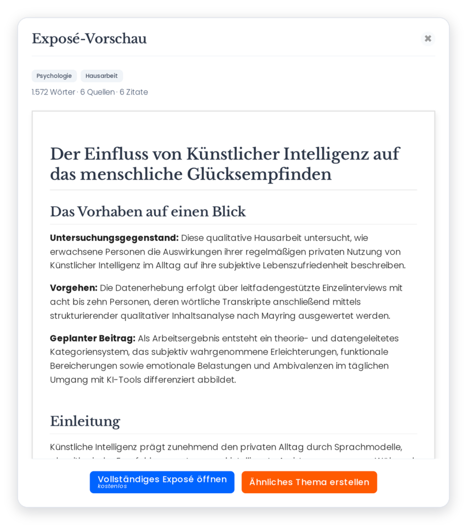 Thema Suchen 5 Vorschau eines Exposés mit Untersuchungsgegenstand, Vorgehen und geplantem Beitrag