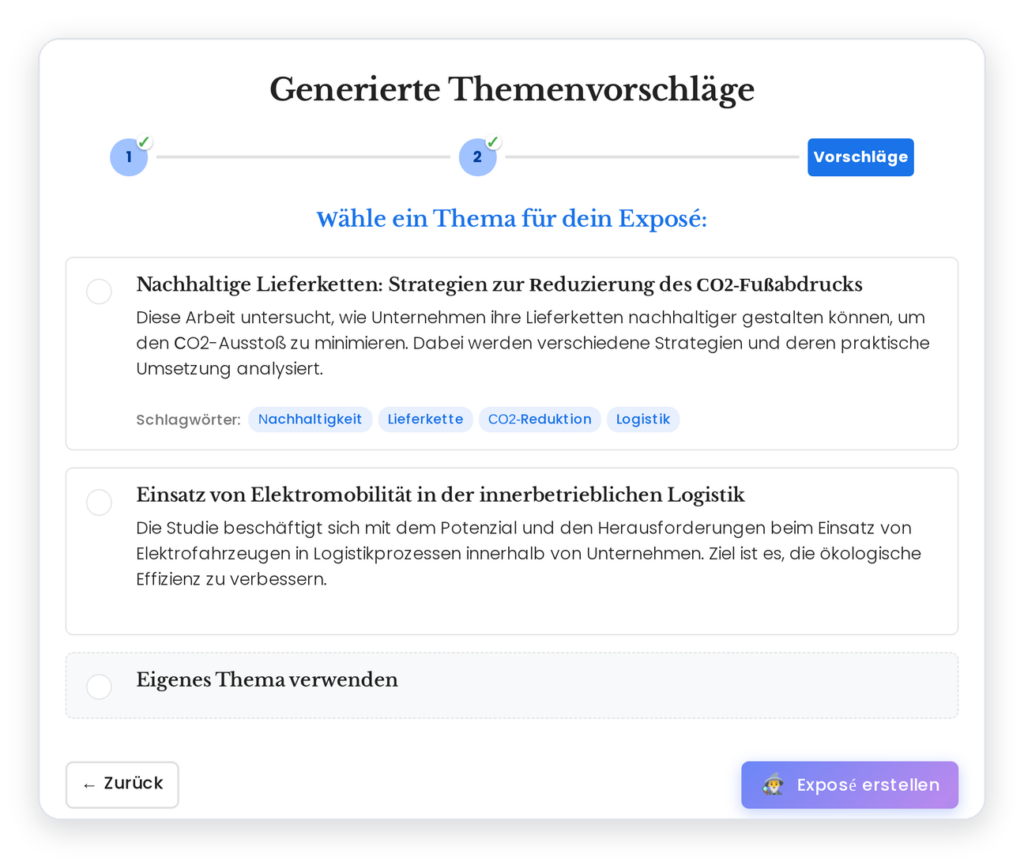 Thema Suchen 4 Generierte Themenvorschläge zur Idee „Nachhaltigkeit in der Logistik“ im Mimir Themenfinder